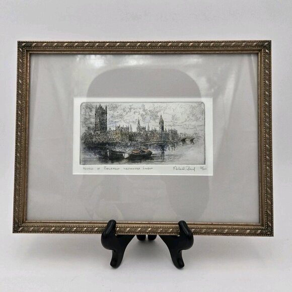 Micheal Bond Drypoint Etching Houses Of Parliament London English Art Framed - Picture 1 of 14